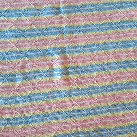 Beautiful pink, blue, yellow, and white 36" X 32" fringed blanket - Picture 4 of 6